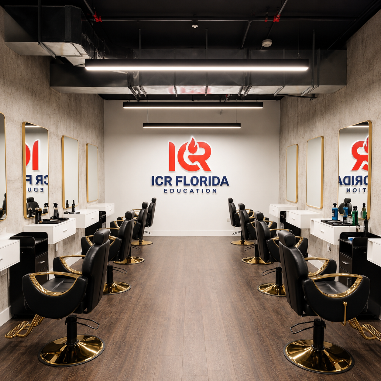 Aula práctica de barbería de ICR Florida Education en Miami