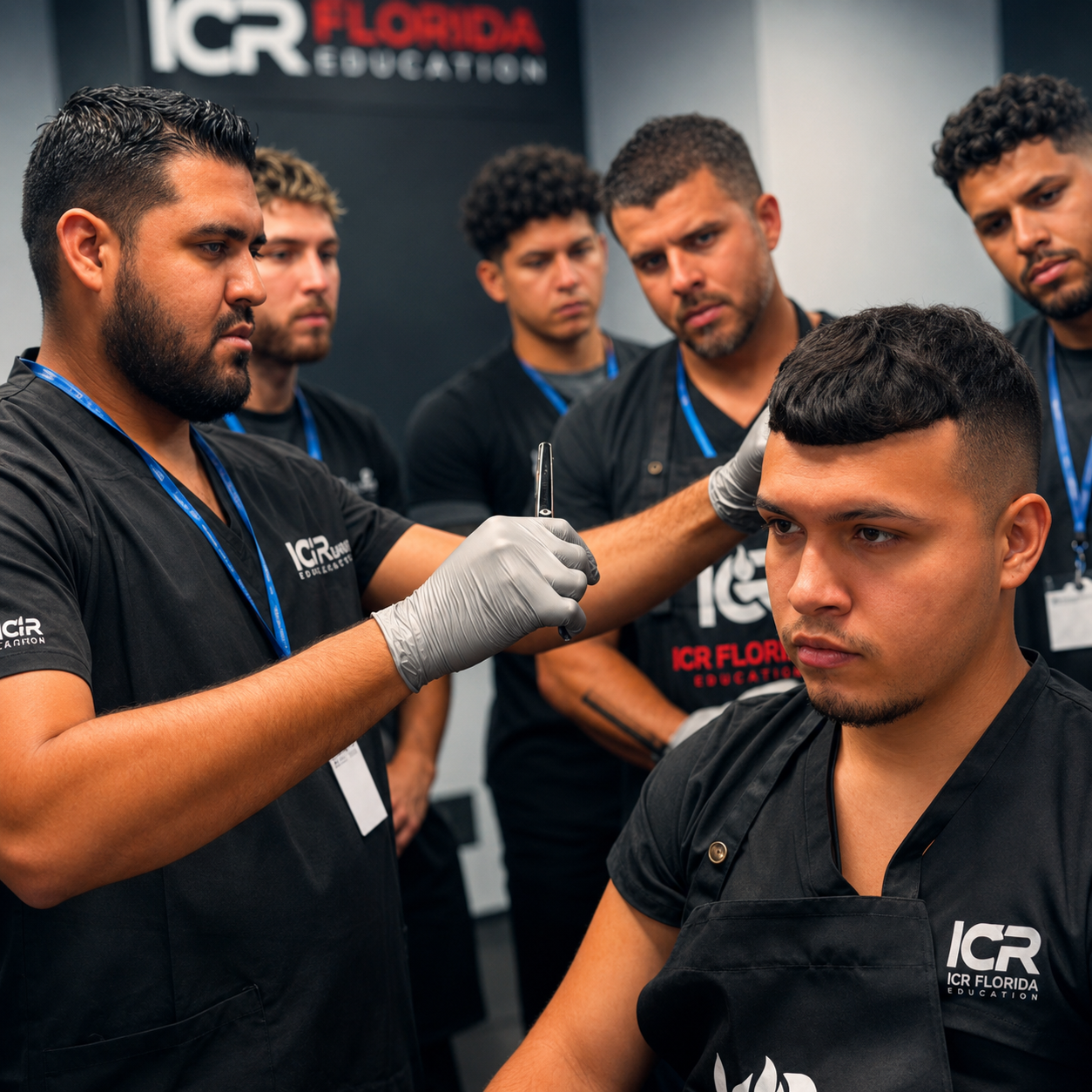 Instructor supervisando una práctica de barbería